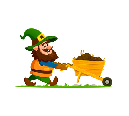 Cartoon gnome or dwarf gardener character smiles proudly, pushing a wheelbarrow filled with rich soil. Isolated vector whimsical personage ready for planting, and green-thumb activities in the gardenのイラスト素材