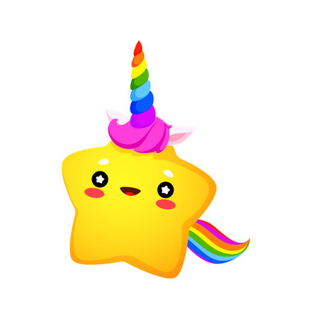 Cartoon cute kawaii star unicorn character. Vector little twinkle star corn personage with funny rainbow horn, ears and tail. Happy starry corn emoticon and space unicorn emoji with happy smileのイラスト素材