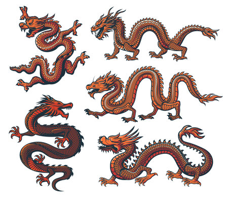 Asian dragon, China zodiac or Chinese and Japanese oriental culture monster, vector animal. Asian dragons for Chinese lunar new year festival and prosperity symbol or tattoo of oriental flaying dragonのイラスト素材