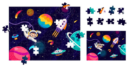 Space jigsaw puzzle game pieces with starry galaxy, kid astronaut, UFO and space rocket. Form connect puzzle riddle, figure search vector quiz worksheet with boy in spacesuit, spaceship in outerspaceのイラスト素材