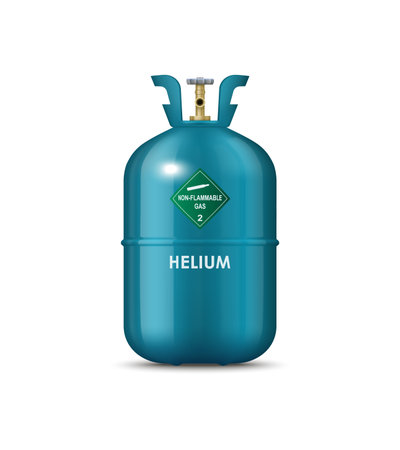 Realistic helium gas metal cylinder. Isolated vector tank contain non-flammable content, its metal surface reflects light, stands upright, with a pressure gauge and a nozzle, ready to inflate balloonsのイラスト素材