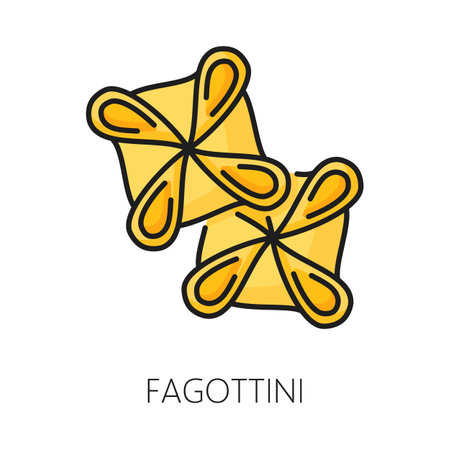 Fagottini pasta Italy cuisine dish, italian food, traditional mediterranean meal. Vector pasta shape in form of little bundles color outline iconのイラスト素材