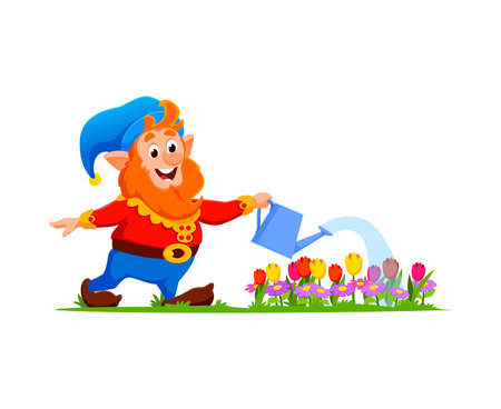 Cartoon gnome or dwarf gardener character, adorned in vibrant attire and a pointy hat, cheerfully tends to blooming flowers. Isolated vector personage carefully watering blooms with a contented smileのイラスト素材