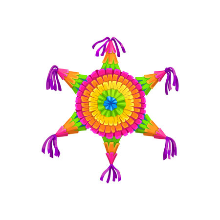 Mexican pinata, isolated cartoon vector vibrant, star-shaped holiday papier-mache item, filled with candies and treats, adorned with colorful decorations, bringing joy and surprises to participantsのイラスト素材