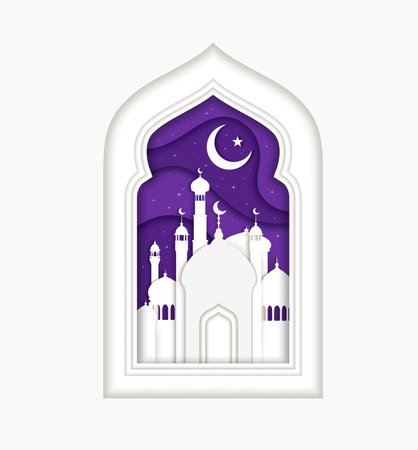 Ramadan Kareem, Eid Mubarak paper cut greetings card with muslim mosque arch window and crescent moon sky. Ramadan celebration, Eid Mubarak holiday or muslim religious paper cut vector conceptのイラスト素材
