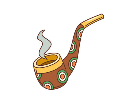 Cartoon retro groovy leprechaun smoking pipe, saint patrick day holiday item. Isolated vector iconic accessory, curved, wooden pipe with pattern and smoke, used to accentuate festive irish folkloreのイラスト素材