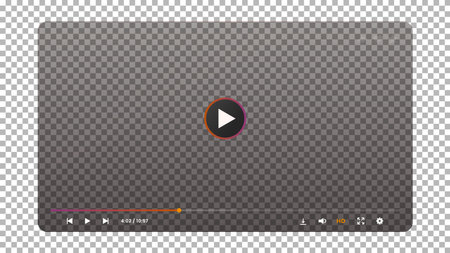 Video player transparent screen interface. Digital media player UI vector mockup of black transparent window with play button, navigation bar, sliders and media control icons, multimedia appのイラスト素材