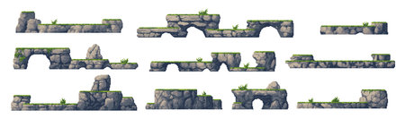 8bit arcade pixel art game platforms with rock stones and green grass. Isolated vector set of 2d elements, nostalgic videogame landscape, obstacles, classic gaming objects for retro-inspired adventureのイラスト素材