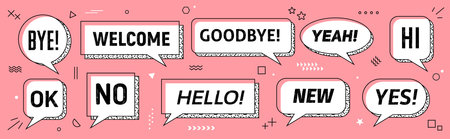 Memphis speech bubbles isolated vector set. White dialog boxes or clouds with thick outlines and...