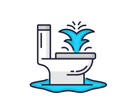 Color plumbing service icon. Clogged toilet, pipe, bathroom problems. Plumbing service, house bathroom or toilet flood problem, sewage maintenance and repair linear vector icon with leaking toiletのイラスト素材