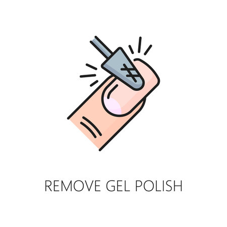 Nail manicure service gel polish removing color line icon. Woman beauty or spa salon, manicure and pedicure master file or cosmetics makeup shop linear vector pictogram. Cosmetology tool outline iconのイラスト素材