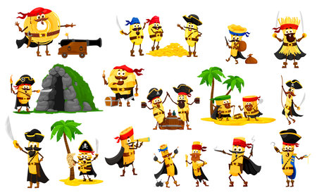 Cartoon funny italian pasta pirate and corsair characters, vector Italy macaroni food. Cute noodle, gnocchi, vermicelli and papardelle, cavatelli, radioatore and paccheri personages with pirate hatsのイラスト素材