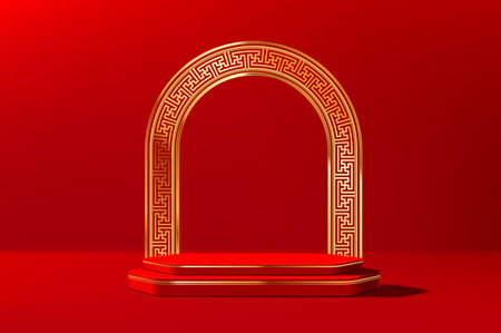 Red luxury Chinese podium stage with golden pattern arch for product display, vector background. Asian gold arch with Chinese pattern for premium product podium with red velvet pedestal in gold frameのイラスト素材