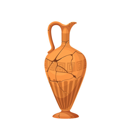 Ancient broken vase and pottery. Old ceramic cracked pot or jug. Isolated cartoon vector earthenware pitcher. Vessel for wine or oil, museum artefact with cracks, greek or roman pattern and handleのイラスト素材