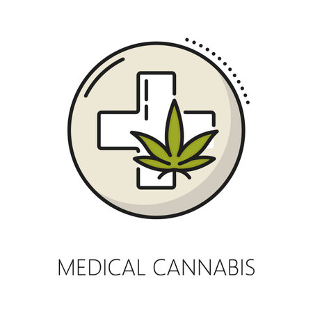Medical cannabis color line icon, cbd and marijuana, weed extract. Isolated vector linear symbol with green hemp leaf and white cross inside of circle. Medicine pills, drug or health thc productionのイラスト素材