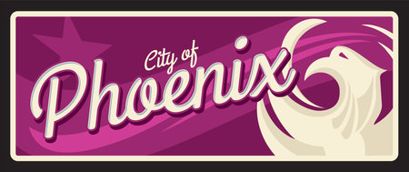 Phoenix US city plate, USA travel plaque american destination tourist sticker. US city banner, United States of America journey vector tin sign with cities flags coat of arms symbol and phoenix birdのイラスト素材