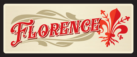 Florence italian sticker, retro travel plate, lily coat of arms. European city retro postcard or vector tin sign or banner with Coat of Arms, medieval flag symbol, Italy travel destinationのイラスト素材