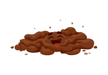 Stinky poop happy laughing cartoon character. Poo cartoon character, toilet shit laughing isolated vector emoticon or poop funny emoji. Excrement cute personage with flying around fliesのイラスト素材