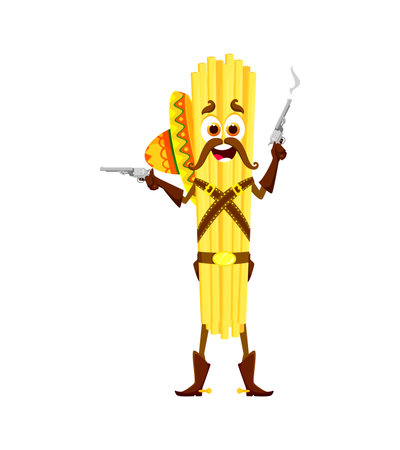 Cartoon italian pasta cowboy, bandit or robber character with guns and hat. Funny Wild West Western cowboy gunslinger vector personage of bucatini macaroni food with sombrero, leather belt, revolversのイラスト素材