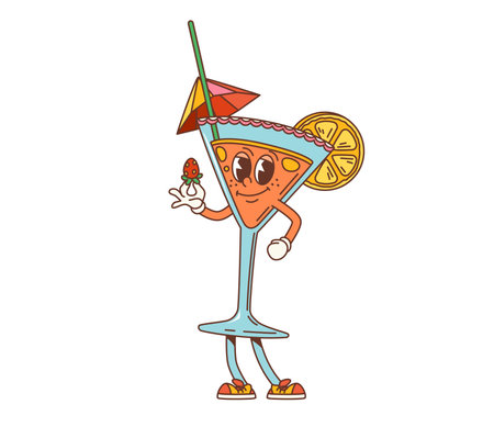 Retro cartoon groovy party cocktail character. Isolated vector glass with alcohol drink, holding strawberry and adorned with lemon slice, umbrella and straw. Bar beverage personage celebrate partyのイラスト素材