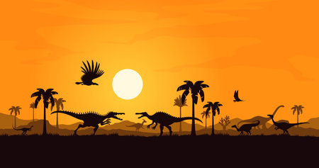 Spinosaurus battle, dinosaur characters silhouettes on sunset. Vector prehistoric majestic dino personages with distinctive sailbacks clash at background with fading sky, orange sun and palm treesのイラスト素材