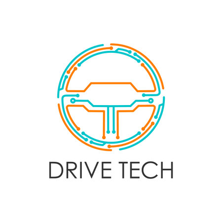 Drive tech emblem of car steering wheel with circuit board, vector icon. Electric car, racing rally and automotive technology icon for driving school or electro car service in digital drive signのイラスト素材