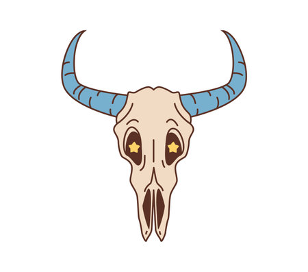 Cartoon western buffalo skull groovy character. Isolated vector vintage style western bull head skull with large, curved horns, textured bone and stars in the eye socket. Rugged wild west craniumのイラスト素材