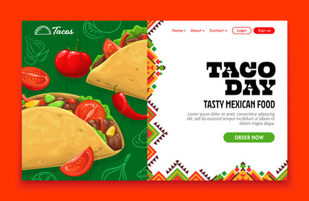 Taco day, Mexican cuisine delivery landing page. Vector web banner offering authentic mexico cuisine. Enjoy doorstep delivery of favorite tacos, bursting with traditional flavors and fresh ingredientsのイラスト素材