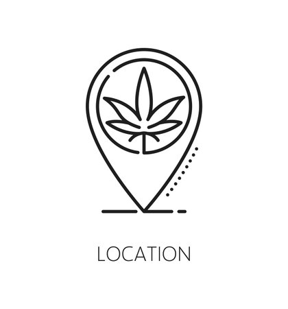 Cannabis location line icon for medical marijuana or CBD weed store, vector symbol. Medical cannabis drug store or pharmacy and coffeeshop location icon with marijuana sativa leaf in point pinのイラスト素材