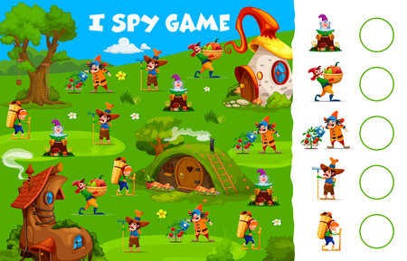 I spy game, cartoon garden gnome and dwarf characters fairytale village. Kids vector riddle count how many funny personages on summer field. Children test, education task for infants mind developmentのイラスト素材