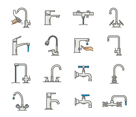 Tap bathroom and kitchen faucet icons of bath water sink, vector outline symbols. Kitchen or bathroom tap faucet types with water drops, hands and valves and mist pipe in line pictogramsのイラスト素材