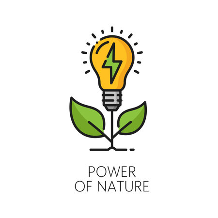 Clean power, eco and green energy line icon. Electricity energy alternative source, sustainable and ecological future, clean power generation thin line vector pictogram with plant bulb lampのイラスト素材