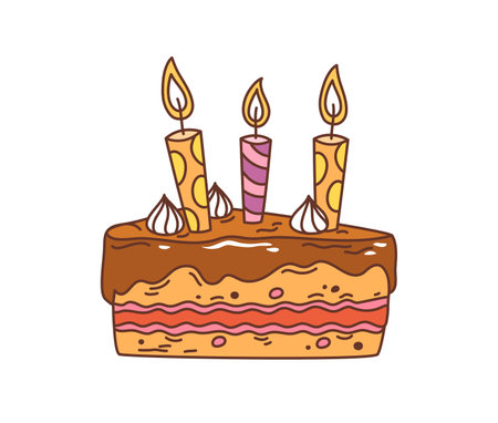 Retro cartoon groovy holiday cake with birthday candles. Isolated vector piece of sweet festive dessert, delightful pastry slice with chocolate frosting or cream. Tasty joyous vintage celebration foodのイラスト素材