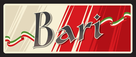 Bari italian city sticker, retro travel plate, vintage travel destination. European travel retro sticker, vector tin sign. Italy vintage postcard or plate with flag, vintage typography bannerのイラスト素材
