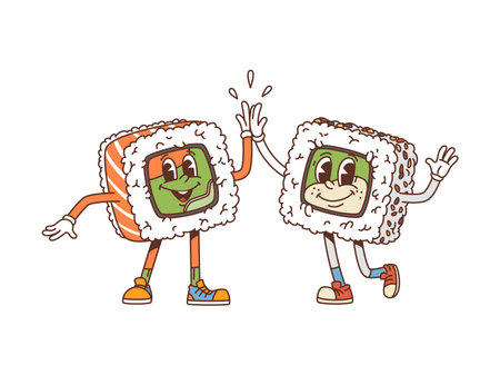 Cartoon japanese rolls couple groovy characters gleefully give each other high five. Two vibrant vector japan food or asian seafood personages with happy faces showing delightful moment of friendshipのイラスト素材
