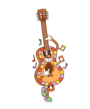 Retro cartoon groovy guitar character. Isolated vector funky guitarron personage with psychedelic pattern and musical notes, exudes 70s vibes with a cool, laid-back attitude and vibrant musical energyのイラスト素材