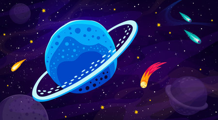 Blue space planet with rings in galaxy landscape, cartoon vector background for kids. Outer space stars and extraterrestrial planets, Saturn and alien earth in starry sky with comets and asteroidsのイラスト素材