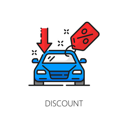 Car company, dealership discount, auto dealer linear icon. Vehicle salon, automobile center or car shop linear vector symbol. Auto sale dealership line pictogram or icon with price drop offer tagのイラスト素材