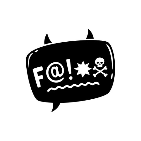Comic swear speech bubble, hate angry talk and aggressive expletive curse, vector cartoon icon. Bad word swear speech bubble with devil emoji, mad anger or rude language and curse shout textのイラスト素材