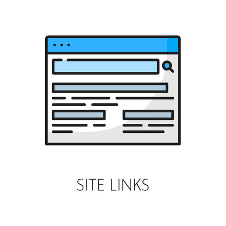 Site links. SERP icon. Search engine result page. Internet search result page optimization technology, SERP or web content analysis outline vector symbol, site traffic ranking line pictogram or signのイラスト素材