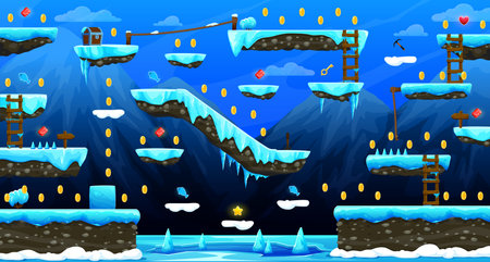 Arcade north frozen world game level map interface. Glaciers, ice platforms and stairs, bonuses and gems on game app world or environment background, platform videogame level design cartoon interfaceのイラスト素材