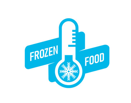 Frozen food icon, ice crystal label or badge. Isolated vector sticker, features snowflake or frost and thermometer symbol for product packages or frosty cold preservation items in blue or white colorsのイラスト素材