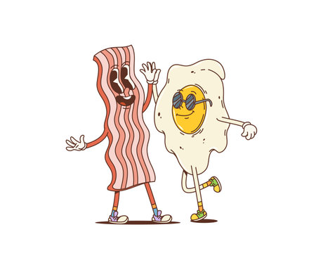 Cartoon retro bacon and egg groovy characters. Cute and funny vector food personages giving high five and rejoice together. Isolated breakfast ingredients friendship, kawaii funky friends rejoiceのイラスト素材