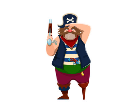 Cartoon pirate skipper character with pistol gun. Isolated vector one-legged burly, menacing sailor personage wearing jaunty cocked hat and a vest, brandishes a flintlock pistol, ready for adventureのイラスト素材