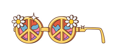 Sunglasses with peace signs and chamomile flowers, cartoon retro hippie groovy symbol. Isolated vector hippie glasses exuding a groove vibes, spreading a message of love, harmony and positivityのイラスト素材