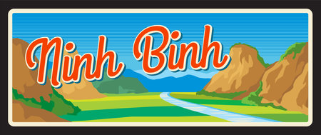 Ninh Binh, Vietnamese province or region. Vector travel plate or sticker, vintage tin sign, retro vacation postcard or journey signboard, luggage tag. Old plaque with landscape and riverのイラスト素材