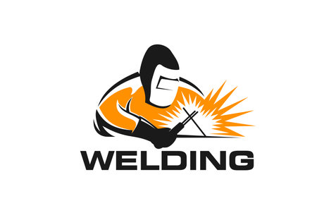 Weld icon, welder with tool and sparks. Isolated vector emblem for industrial metal work service with a worker dressed in mask and protective costume welding with a torch, emitting spray of sparksのイラスト素材