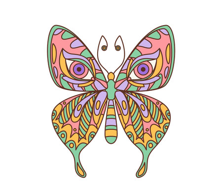 Cartoon retro hippie groovy butterfly in 70s retro art, vector symbol. Vintage decoration print of groovy butterfly machaon with psychedelic colors print ornament on wings for funky hippie decorのイラスト素材