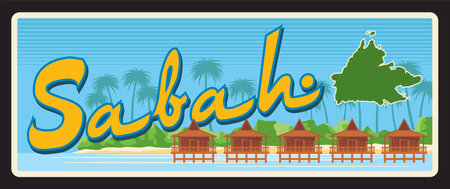 Sabah state of Malaysia, Asian Malaysian territory. Vector travel plate or sticker, vintage welcome tin sign, retro vacation postcard or journey signboard, luggage tag. Beach with bungalow and mapのイラスト素材