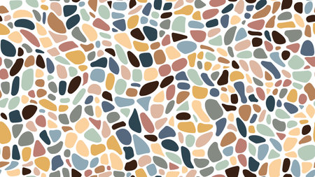 Mosaic gravel and pebble stone seamless pattern for floor tile, vector background. Color ceramic gravel or cobblestone pebbles mosaic pattern with soft shape stones in abstract irregular backgroundのイラスト素材